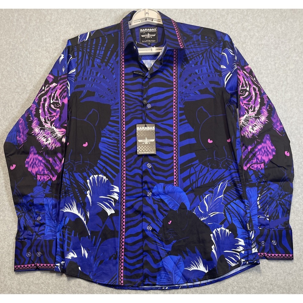 BARABAS Men's Tiger Panther Floral Button Down Long Sleeve Shirt Sz Small